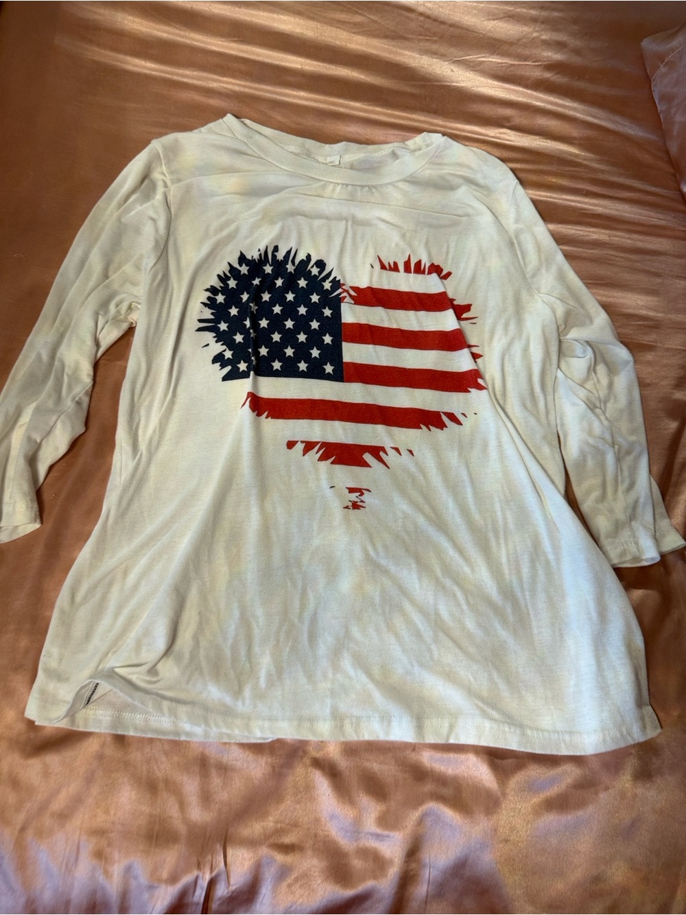 Women’s White Long-Sleeve Tee with American Flag Heart Graphic
